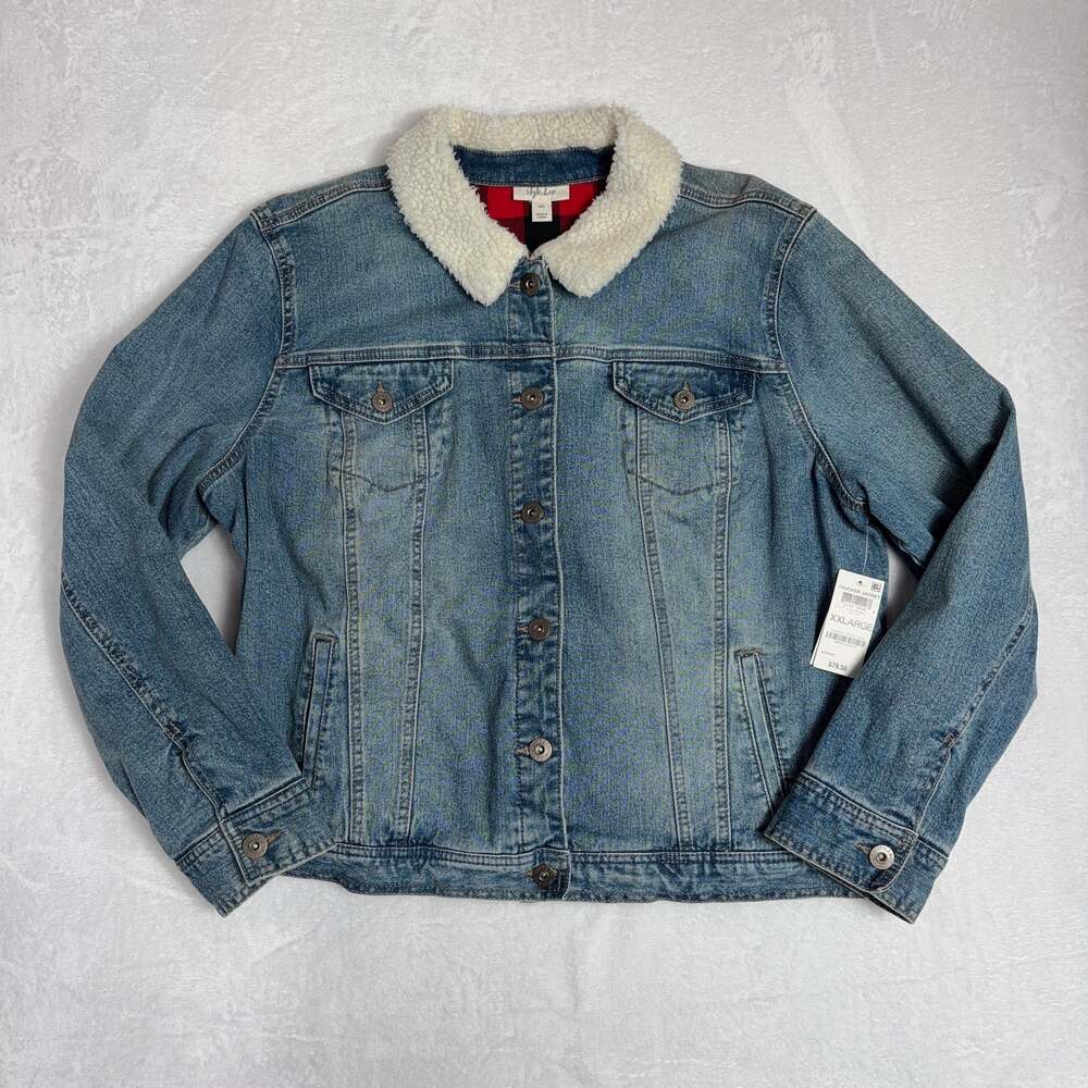 NWT Style & Co Denim Trucker Jacket Women's 2X Blue Plaid Lined Cabincore Winter